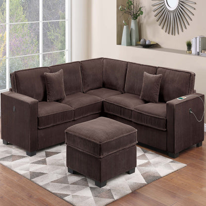 4 Piece Sectional Set With USB Ports, Left Arm Facing / Right Arm Facing Loveseat, Corner Wedge, Cocktail Ottoman, 2 Pillows - Chocolate Home Essentials