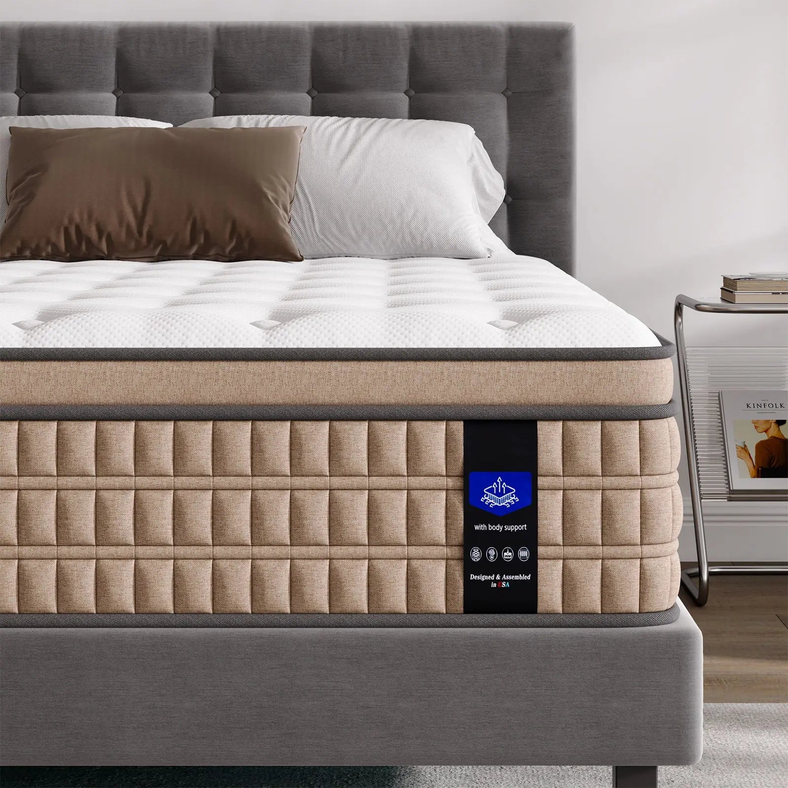 14" King Mattress Hotel Collection Hybrid Mattress With Gel Memory Foam & Pocket Springs - Brown / White Somnus Mattress USA