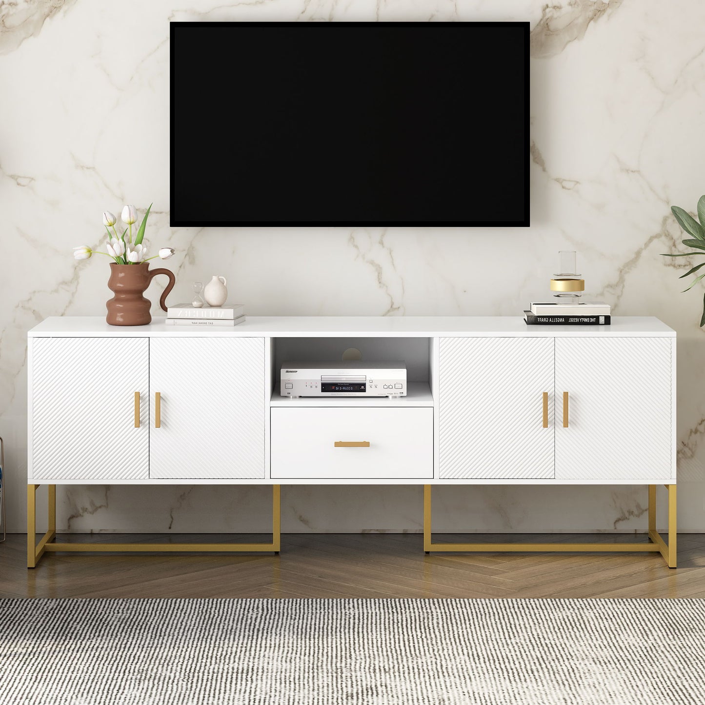 TV Cabinet With 1 Drawer, 2 Cabinets, Handles And Anti-Tip Device Hearth and Haven