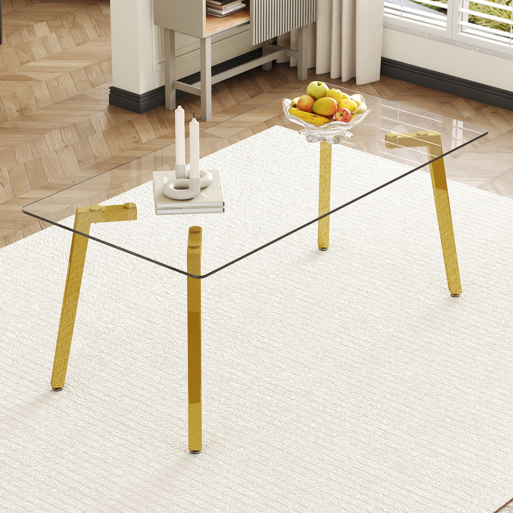Minimalist Rectangular Dining Table With Transparent Glass Top And Metal Legs Home Essentials