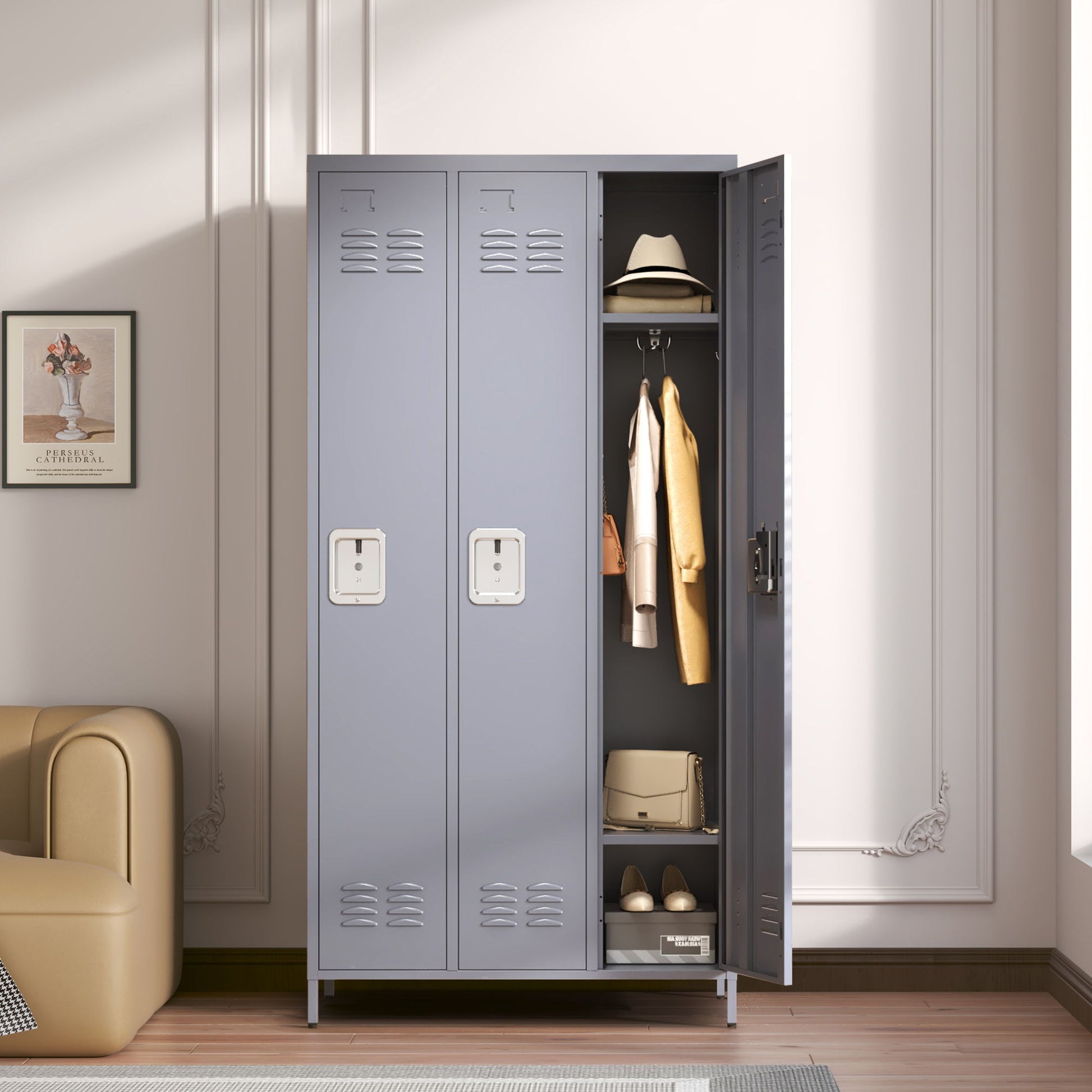 3 Door Lockers With Lock For Home, Gym, Office, School, And Garage - Gray Home Essentials