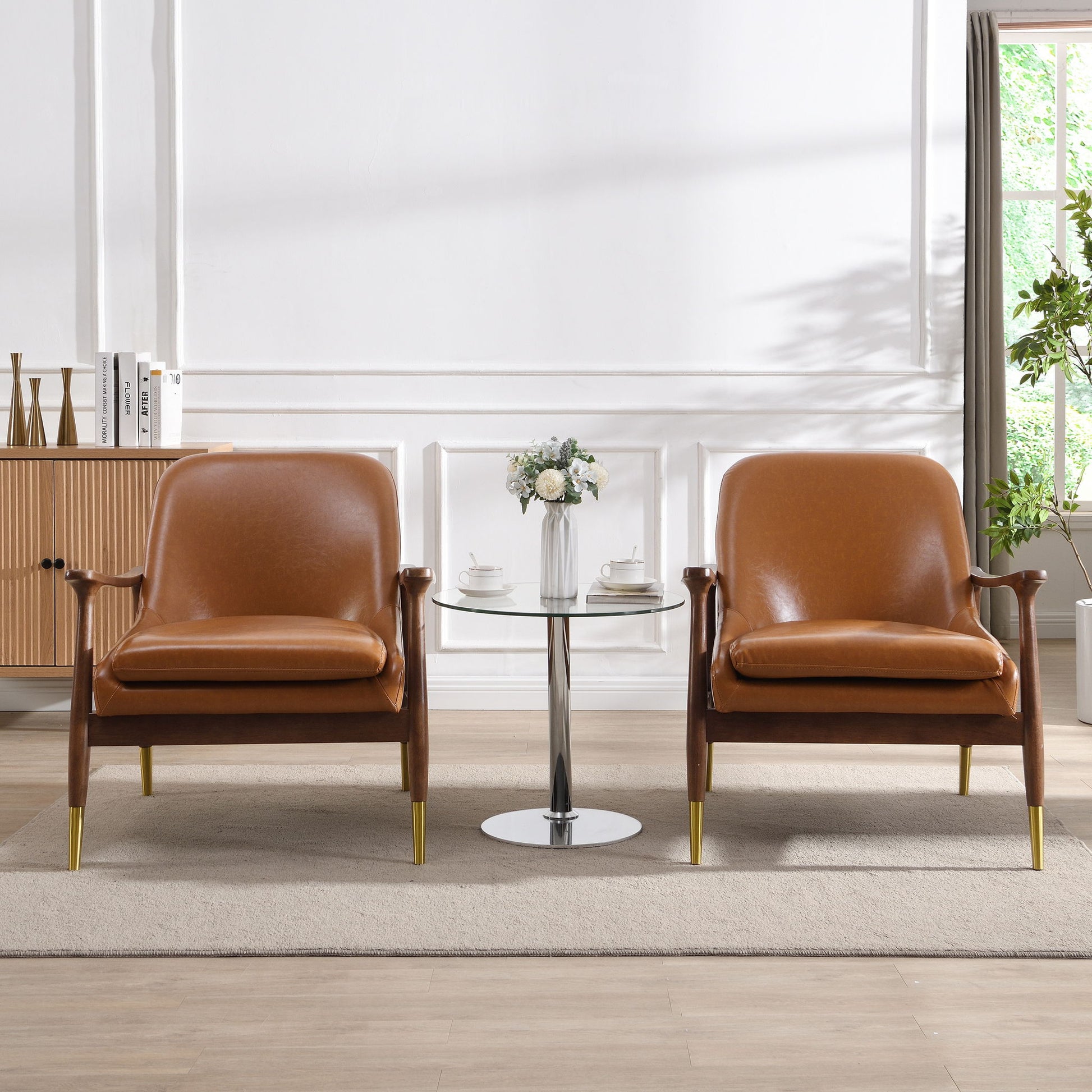 Mid - Century Accent Chair With Cushioned Seat, Brass Tipped Legs Noble House
