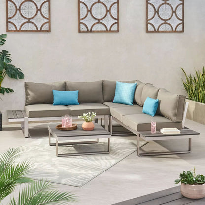 Sterling - Outdoor V Shaped 5 Seater Sofa Set With Cushions Noble House