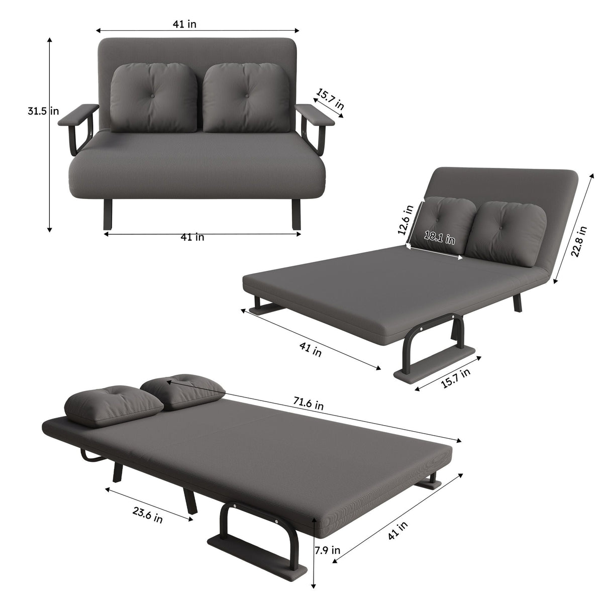 5 In 1 Convertible Sofa Bed For 2 With Adjustable Backrest Home Essentials