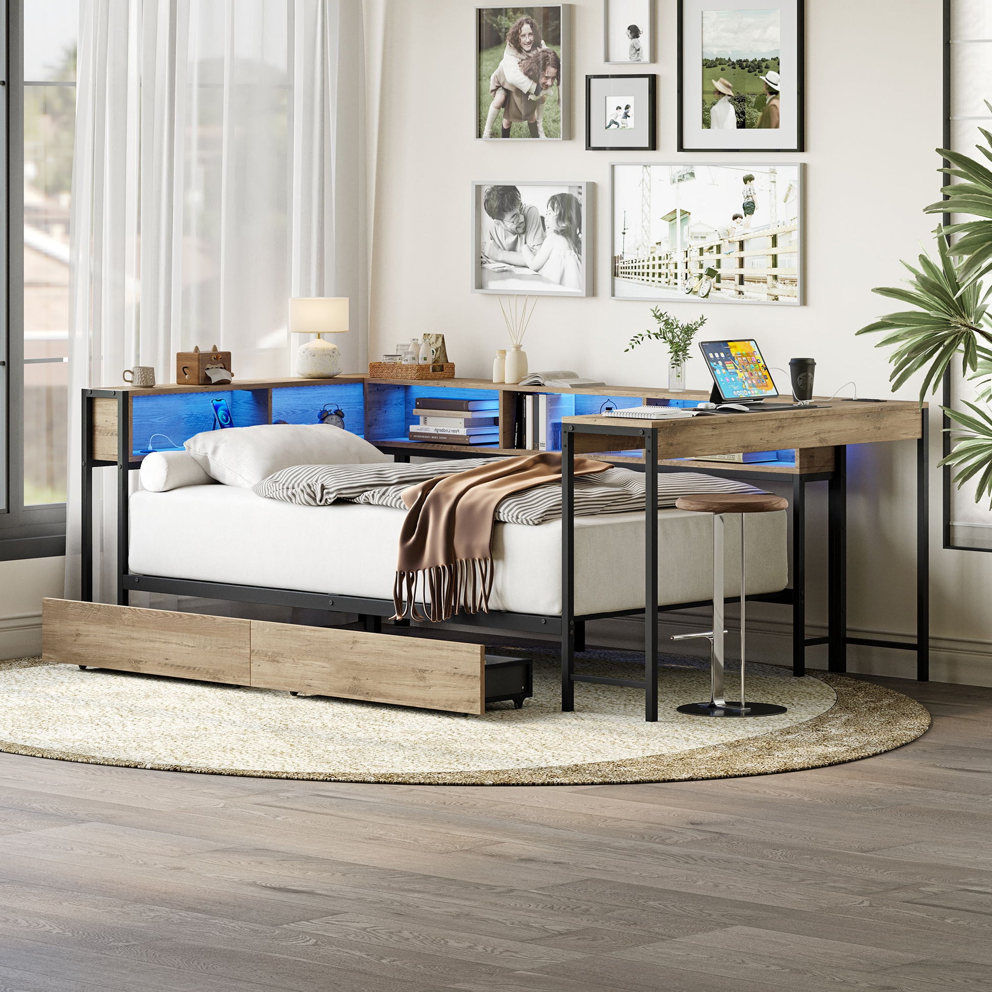 Corner Bed Frame Twin Size With Bookcase And 2 Underbed Storage Drawers, Modern Twin Bed With LED Light And Charging Station, Modern Daybed Reversible Left Or Right - Gray Home Essentials