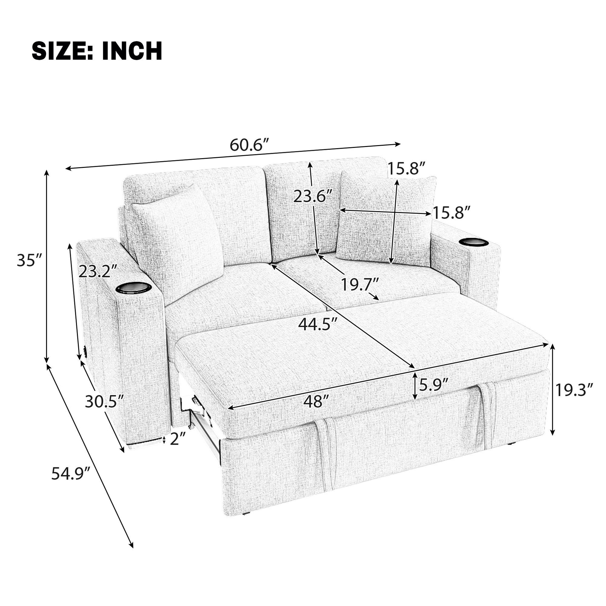 Modern 2 Seater Loveseat Sofa With Pull-Out Bed, Fabric, Built-In USB Ports & Cup Holders Hearth and Haven