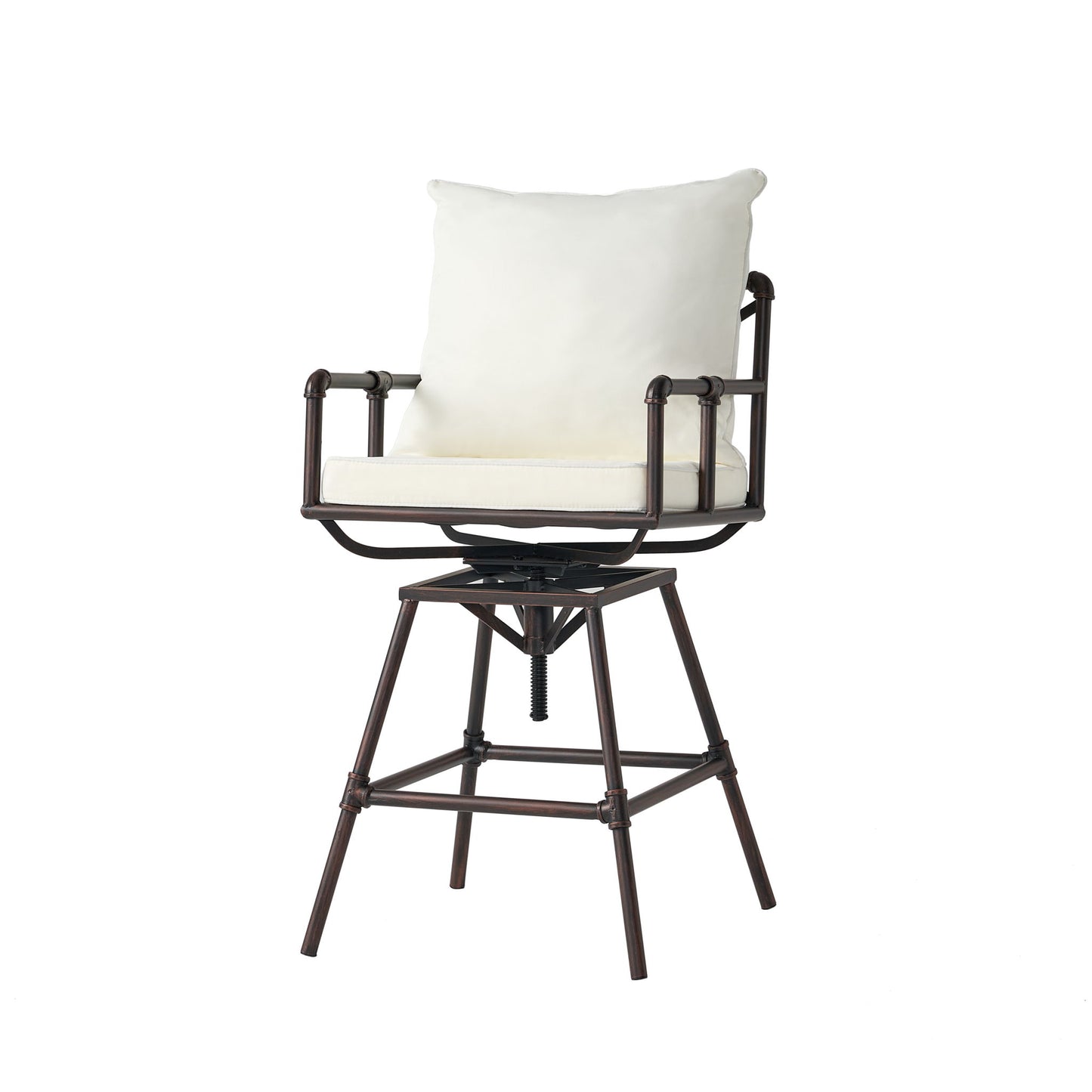 Industrial Outdoor Patio Plumber's Iron Frame Swivel Barstool With Cushions, Height Adjustable Noble House