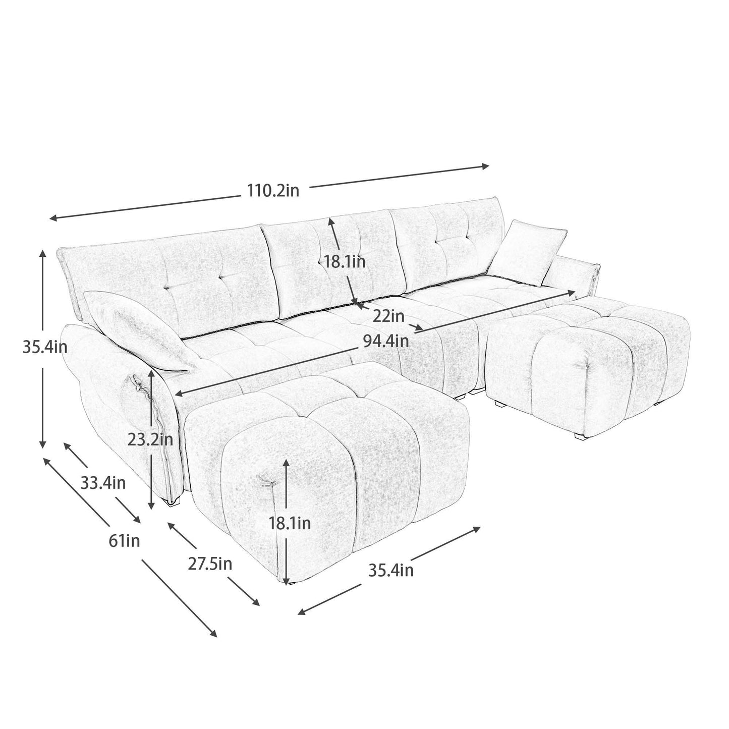 Sofa Set With Ottoman And Pillows, Textured, High Resilience Cushions Home Essentials