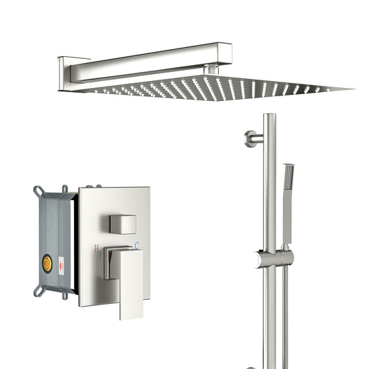 Wall Mounted Shower System With Adjustable Slide Bar And Rough In Valve, 12" Square Design - Brushed Nickel Daily Nest