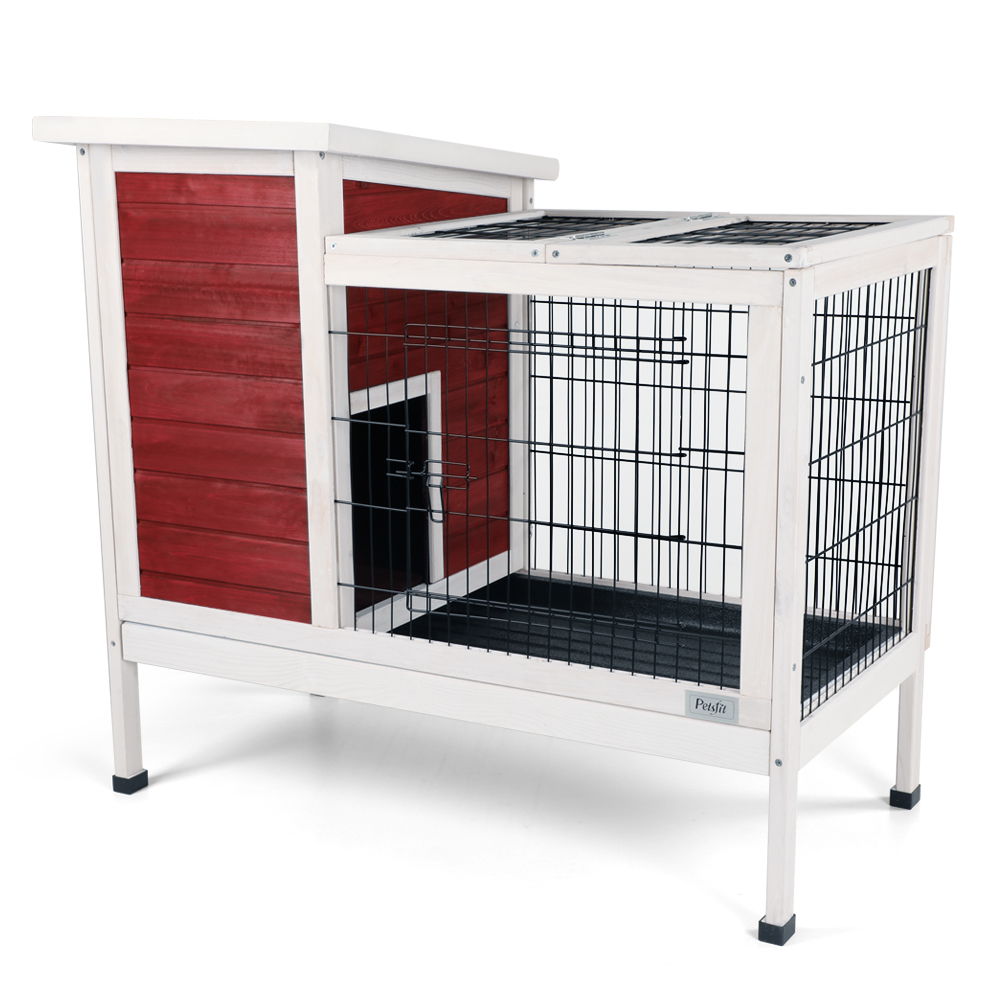 Two Tier Wooden Indoor / Outdoor Rabbit Cage For Small Animals With Runway And Leak-Proof Plastic Tray Daily Nest