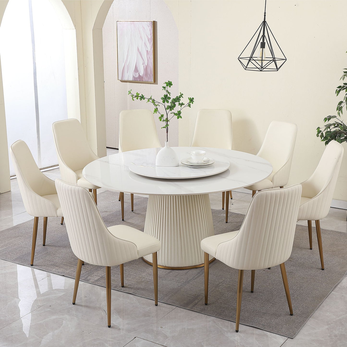 Modern Sintered Stone Dining Table With Round Turntable, Wood And Metal Pedestal, 8 Chairs - White Home Essentials