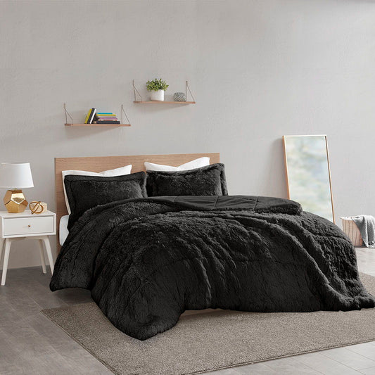 Malea - King Shaggy Long Comforter Mini Set - Black