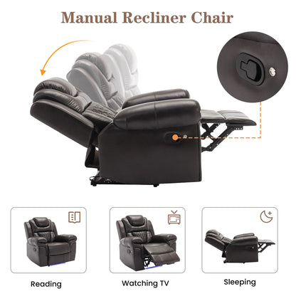 Home Theater Seating Manual Recliner Chair With Center Console And Led Light Strip For Living Room Hearth and Haven