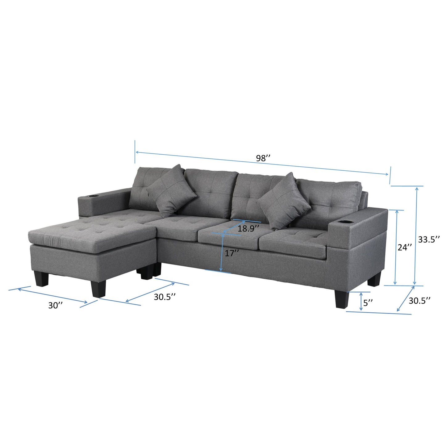 Modern Sectional Sofa Set With L Shape Chaise Lounge, Cup Holder, 4 Seat - Gray Home Essentials