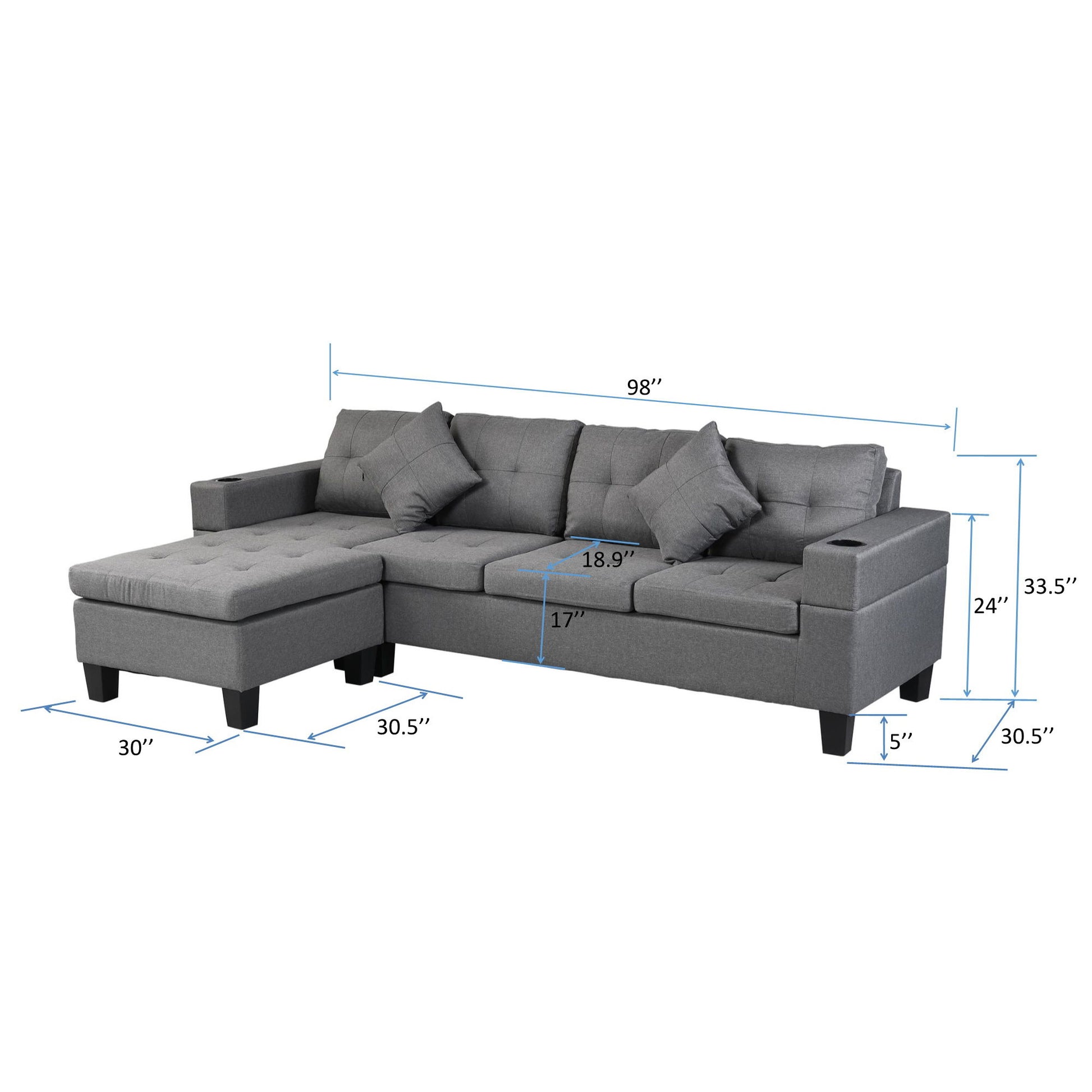 Modern Sectional Sofa Set With L Shape Chaise Lounge, Cup Holder, 4 Seat - Gray Home Essentials