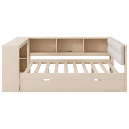 Upholstered Headboard Platform Bed With Storage Shelves, Trundle, Charging Station Hearth and Haven