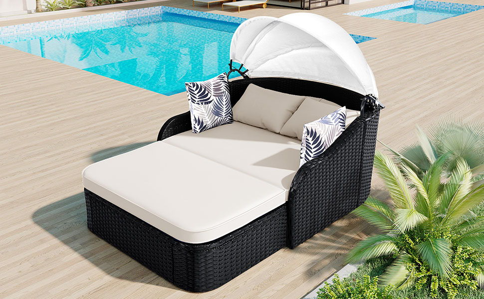Outdoor Sunbed With Adjustable Canopy, Double Lounge, Daybed - Black / Beige Hearth and Haven