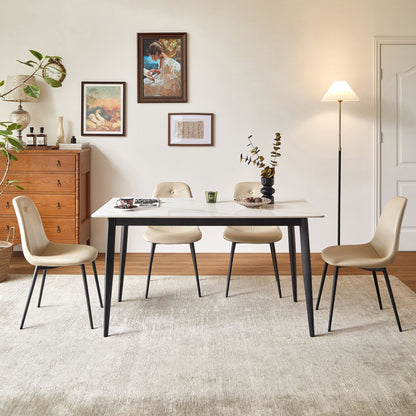 Mid Century Modern Dining Table Round White Sintered Stone Top Heavy Duty Metal Legs Waterproof Surface For Kitchen Dining Room Or Office Furniture - White / Black Home Essentials