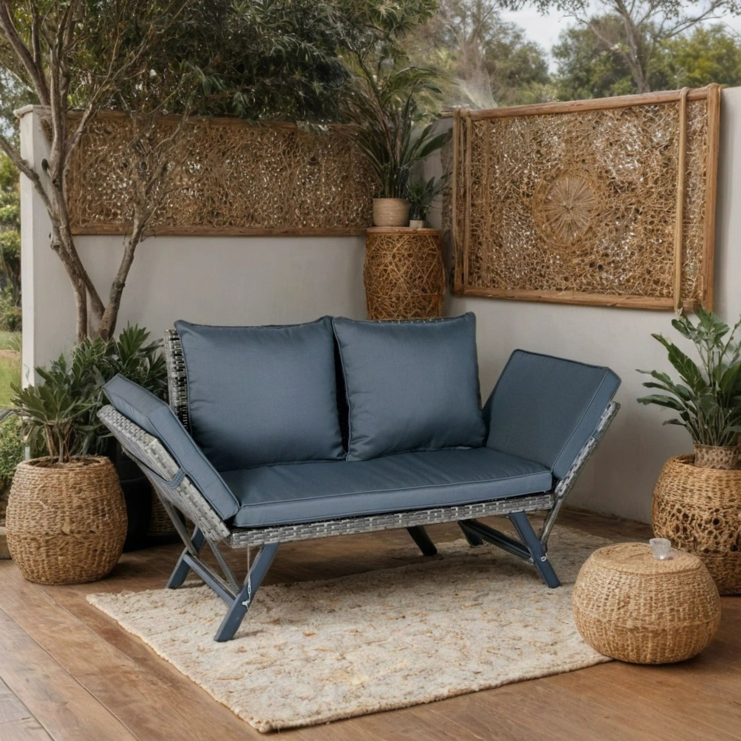 1 Pieces Patio Wicker Side Foldable Bench Patio Backyard Conversation Bench Gray Wicker - Dark Gray Home Essentials