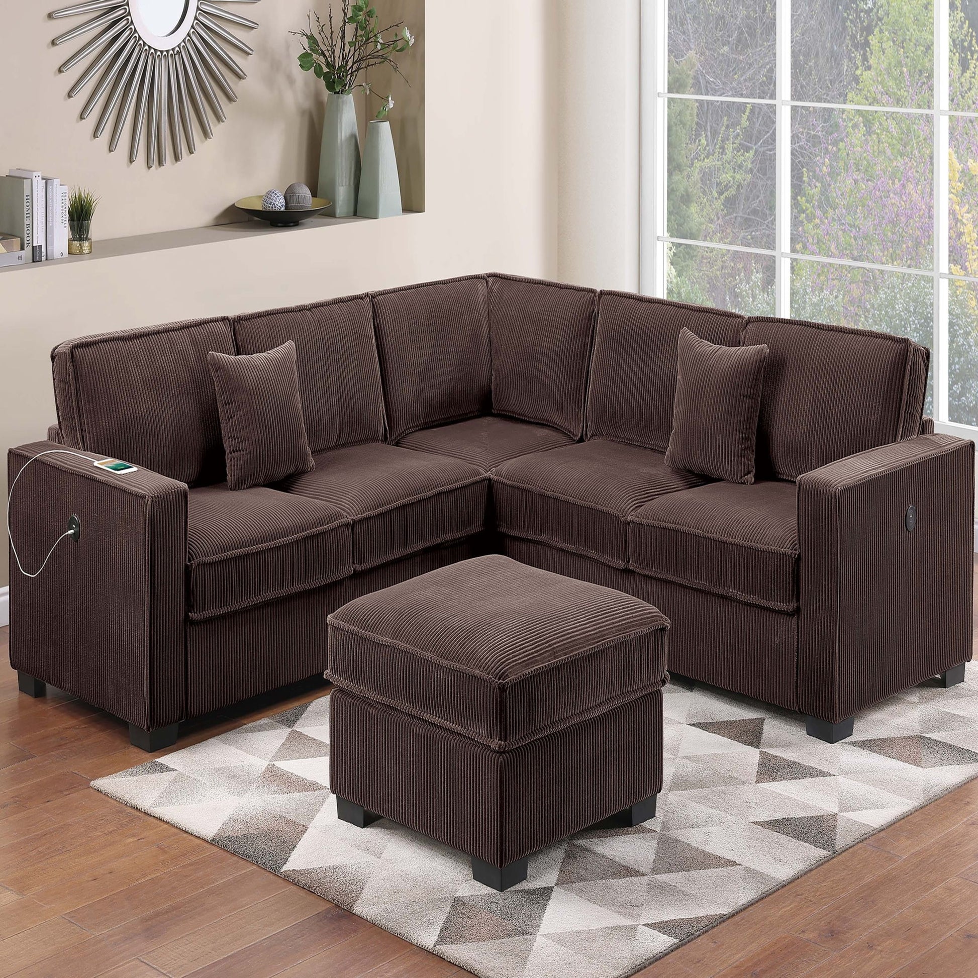 4 Piece Sectional Set With USB Ports, Left Arm Facing / Right Arm Facing Loveseat, Corner Wedge, Cocktail Ottoman, 2 Pillows - Chocolate Home Essentials
