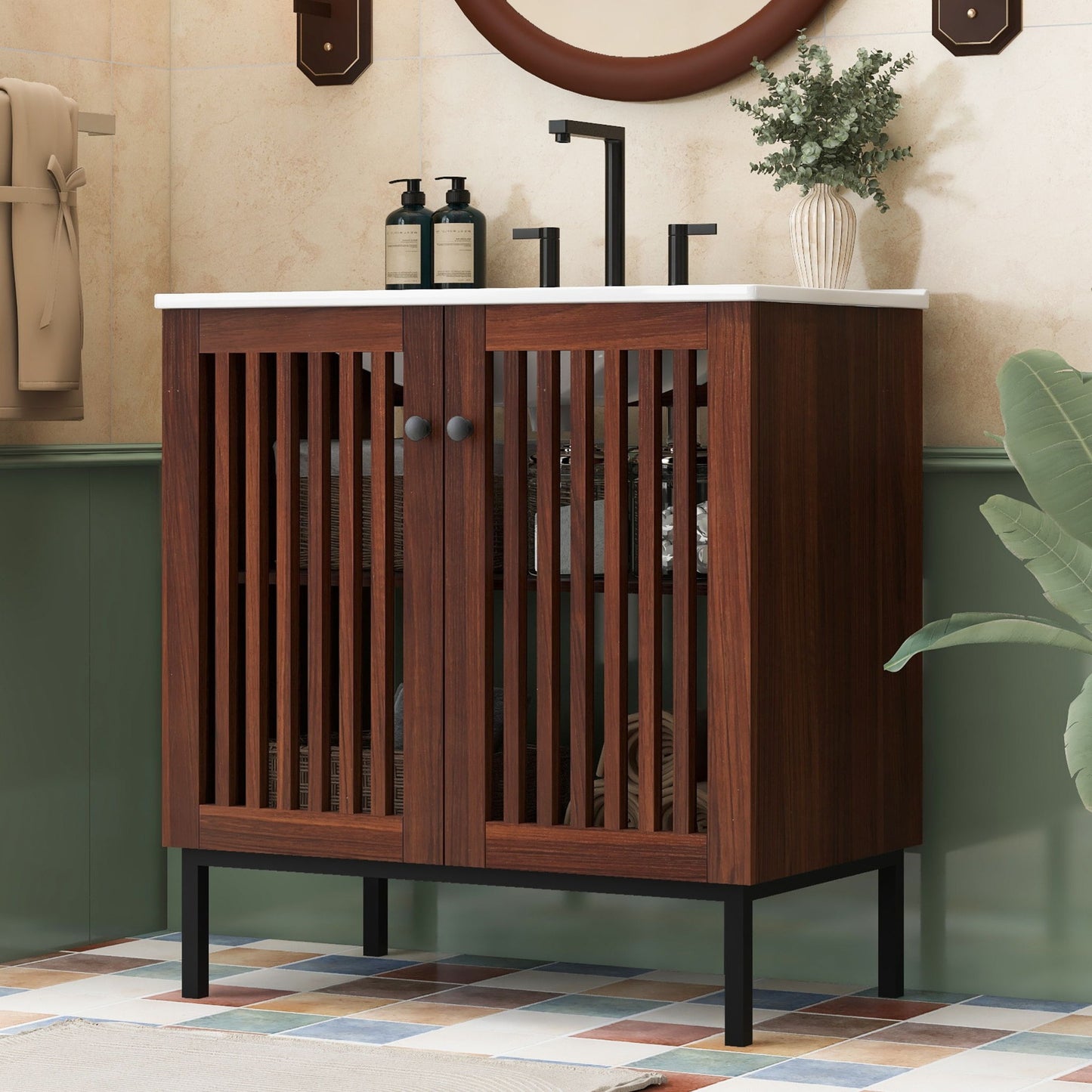30" Vintage Bathroom Vanity With Ceramic Sink, Modern Bathroom Vanity Cabinet With 2 Soft Close Doors, Equpiied With 4 Sturdy Iron Legs - Antique Dark Brown Noble House