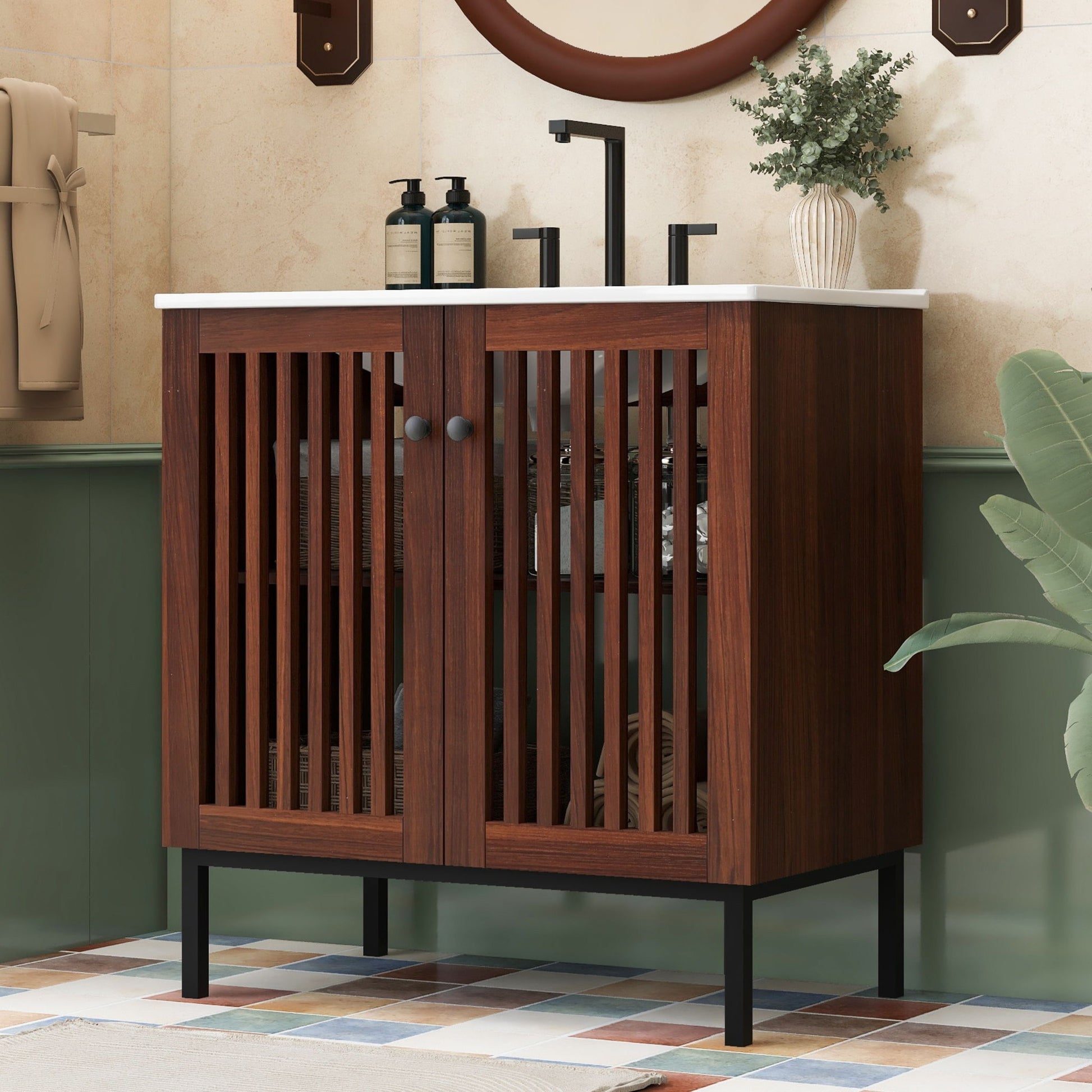 30" Vintage Bathroom Vanity With Ceramic Sink, Modern Bathroom Vanity Cabinet With 2 Soft Close Doors, Equpiied With 4 Sturdy Iron Legs - Antique Dark Brown Noble House