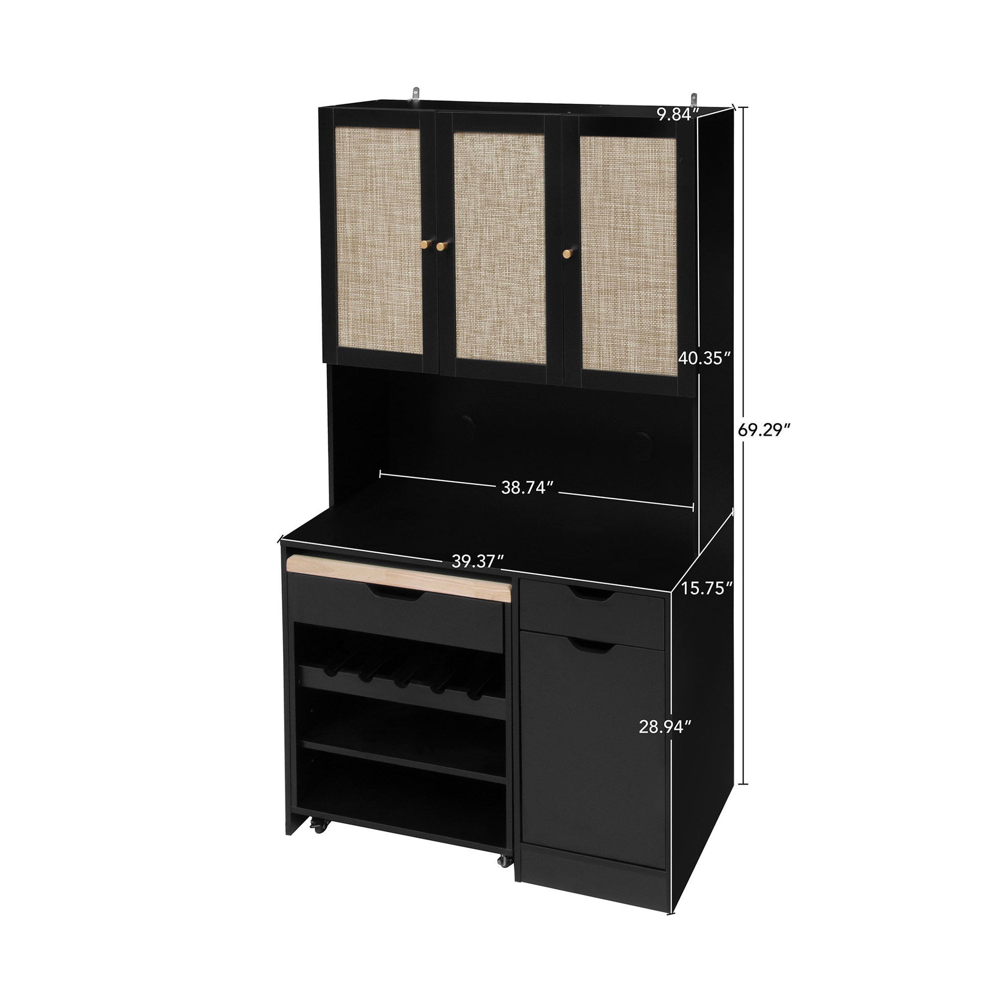 Kitchen Pantry Storage Cabinet, Modern Buffet Cabinet With Kitchen Cart, Tall Kitchen Hutch Cabinet With Microwave Stand, Food Pantry Cabinet With 3 Rattan Doors And Adjustable Shelves - Black Home Essentials