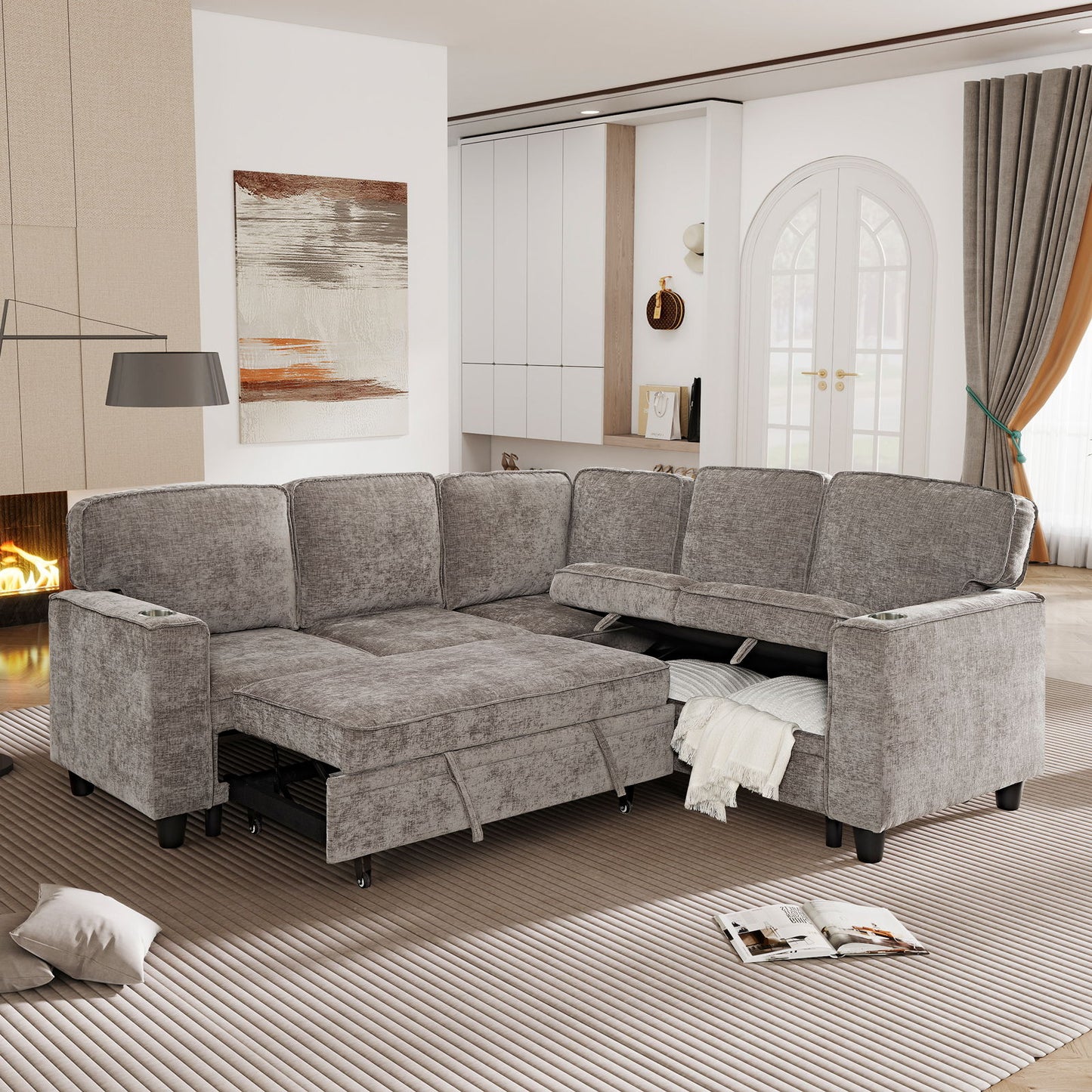 L-Shaped Sofa With Pull Out Sofa Bed With USB Home Essentials