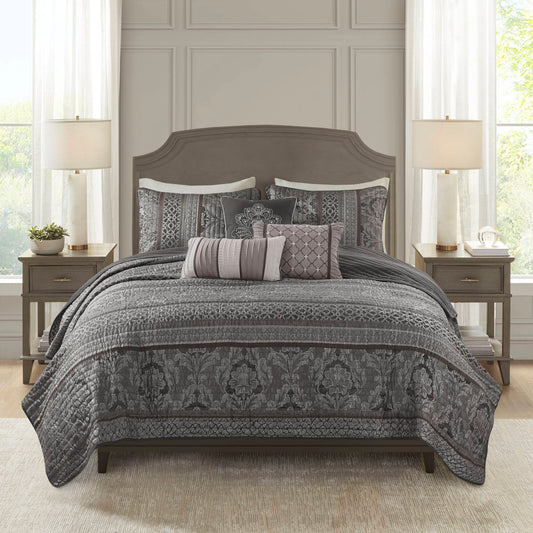 Bellagio - 6 Piece King/California King Quilt Set With Throw Pillows - Gray Madison Park