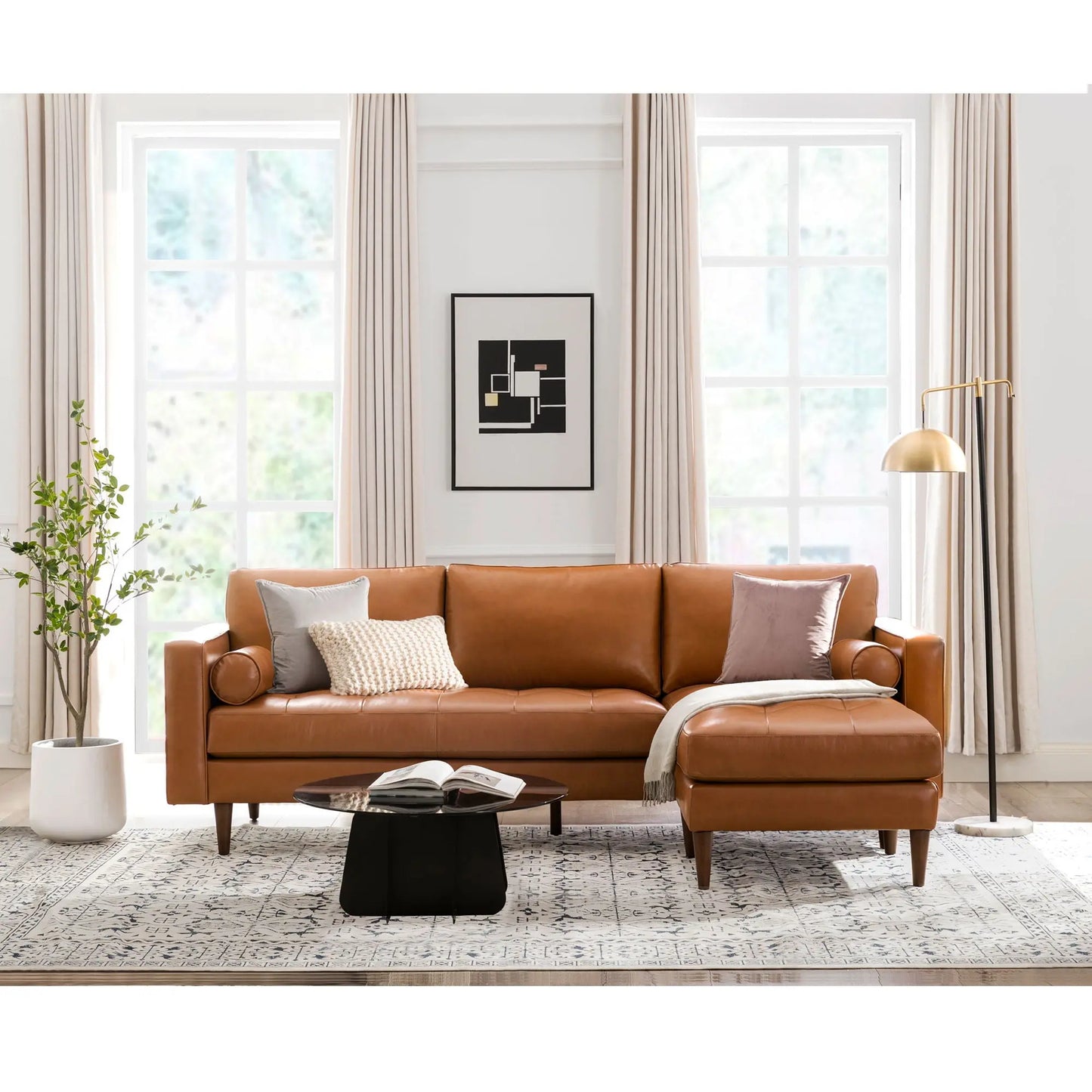 Mid-Century Tufted Leather Sectional With Reversible Chaise Nicelink