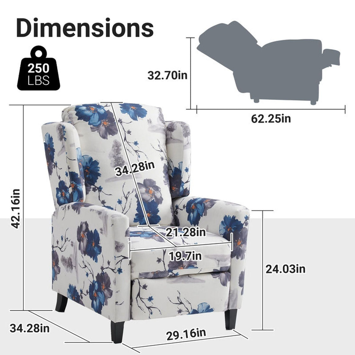Wingback Recliner Chair With Padded Arms - Blue Home Essentials