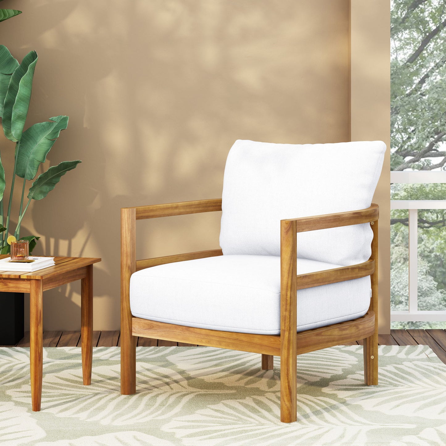 Outdoor Acacia Wood Patio Club Chair, Waterproof Thick Cushion, Deep Seating Noble House
