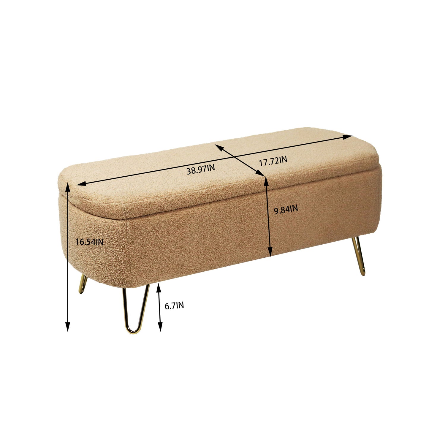 Storage Ottoman Bench For End Of Bed Gold Legs, Modern Camel Faux Fur Entryway Bench Upholstered Padded With Storage For Living Room Bedroom Home Essentials