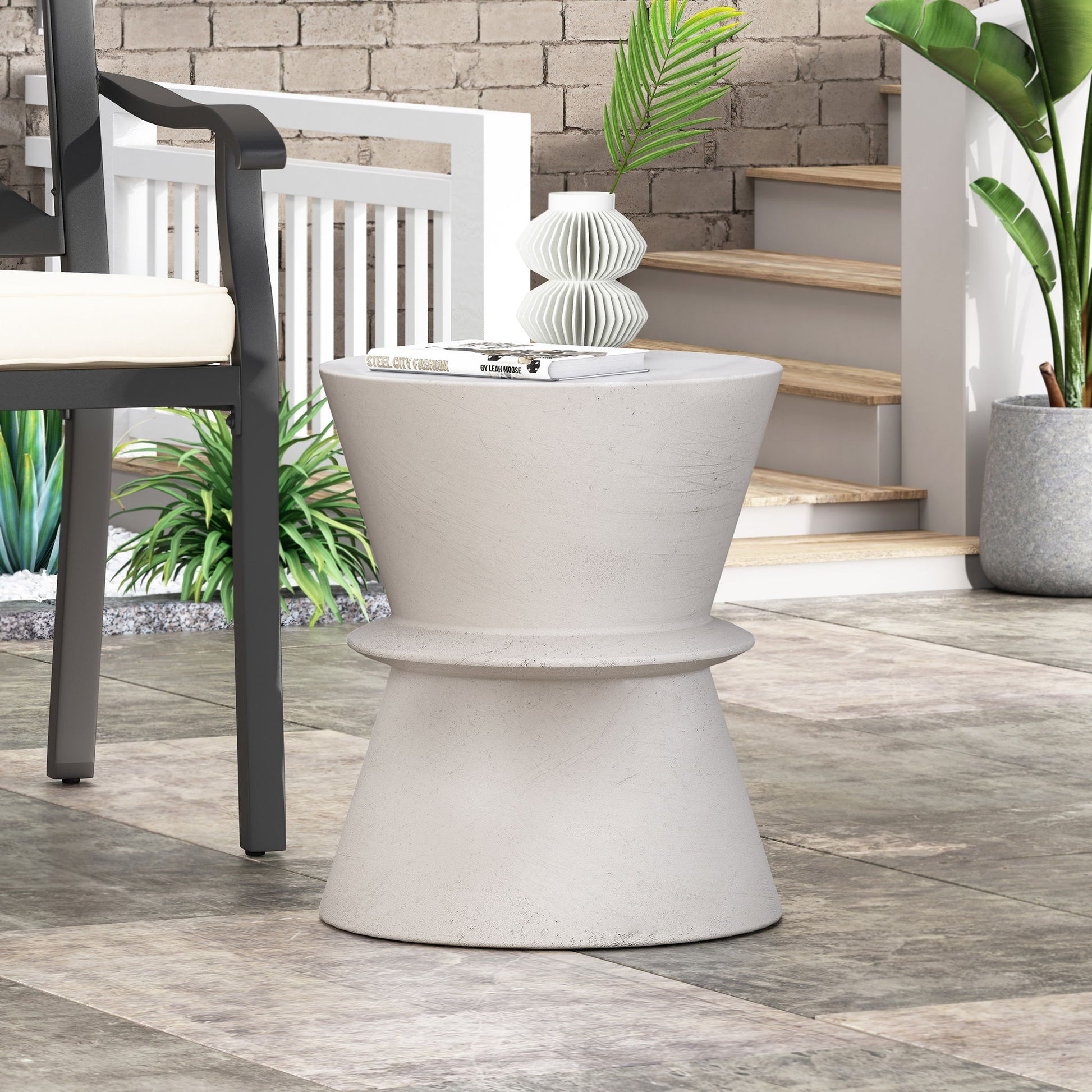 Outdoor Lightweight Concrete End Table With Hourglass Structure - Antique White Noble House
