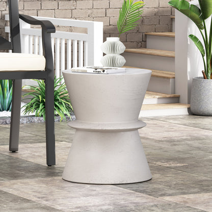 Outdoor Lightweight Concrete End Table With Hourglass Structure - Antique White Noble House