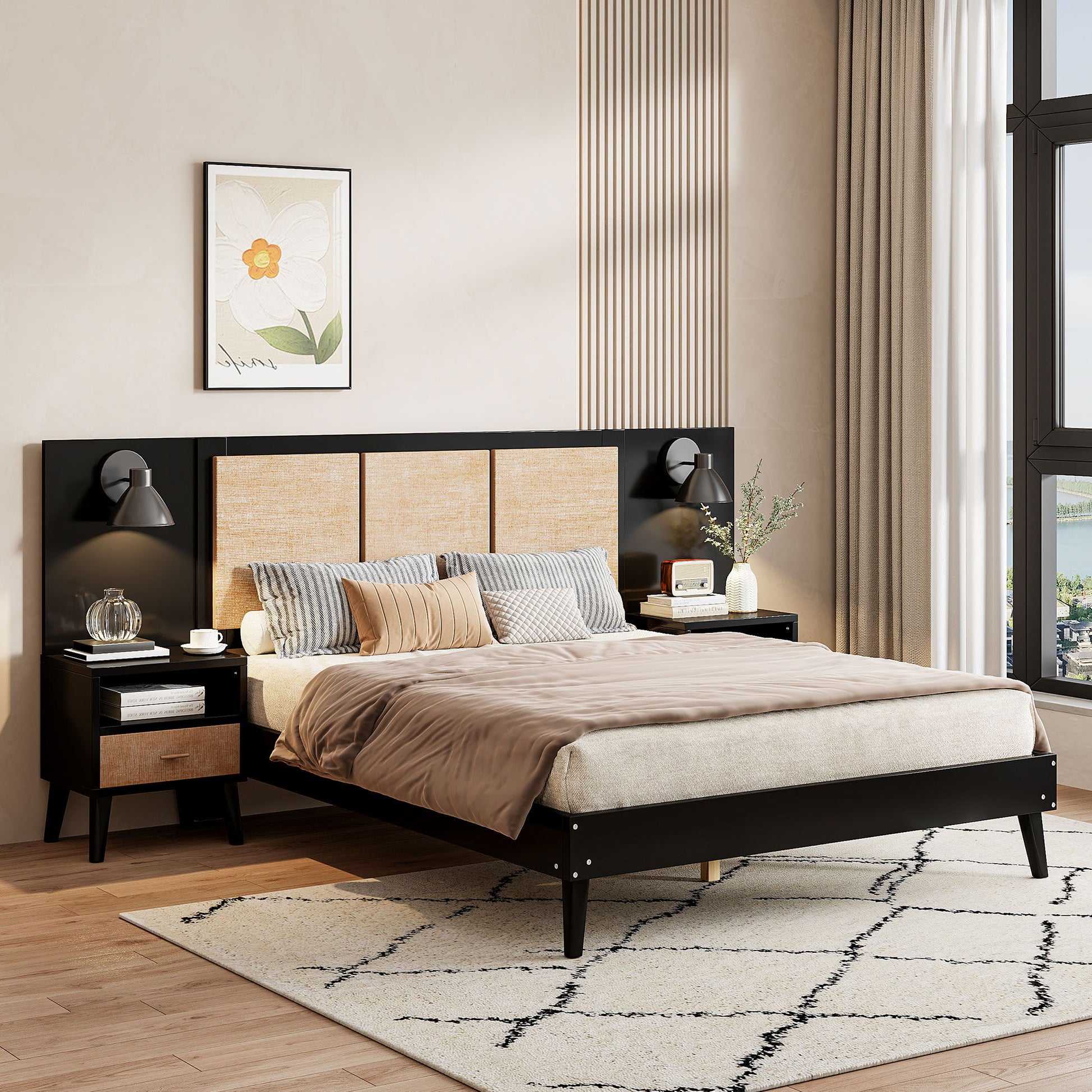 Bed Frame With 2 Nightstands Elegant Design With Lamps Timeless Haven