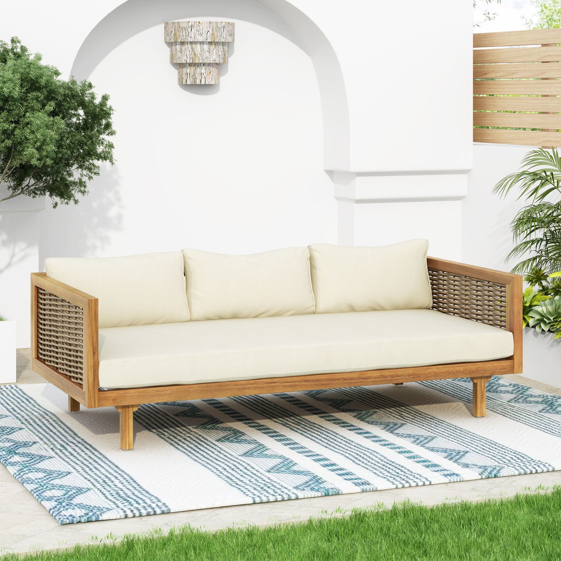 Claremont - 3 Seater Daybed Teak Acacia Wood Water Resistant Cushions Noble House