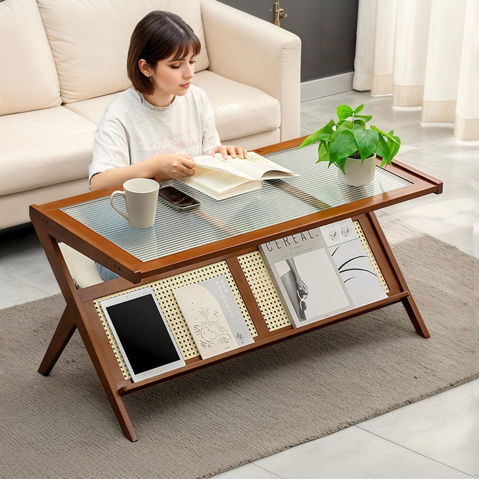 Rattan Coffee Tables For Living Room, Mid Century Modern Coffee Table With Glass Top, Large Boho Center Table With Storage - Brown Home Essentials
