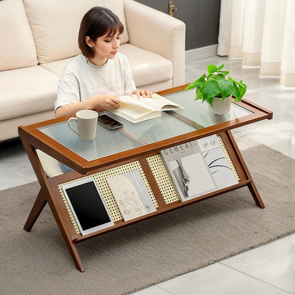 Rattan Coffee Tables For Living Room, Mid Century Modern Coffee Table With Glass Top, Large Boho Center Table With Storage - Brown Home Essentials