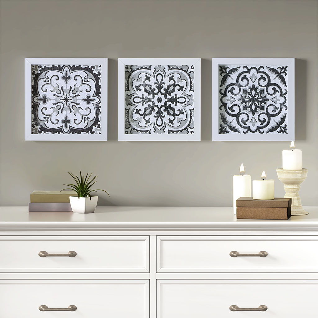 Tiles Printed Distressed Tile Pattern Deco Box Wall Art (Set of 3) - Black / White