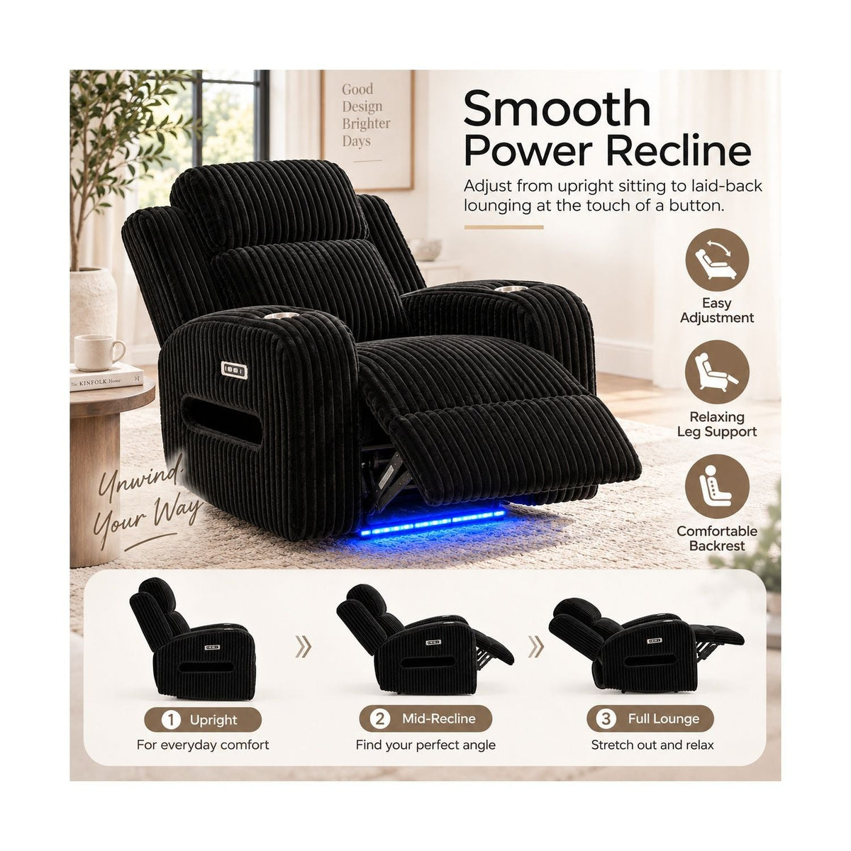 Power Recliner With Cup Holders And Ambient LED Lighting - Black Home Essentials