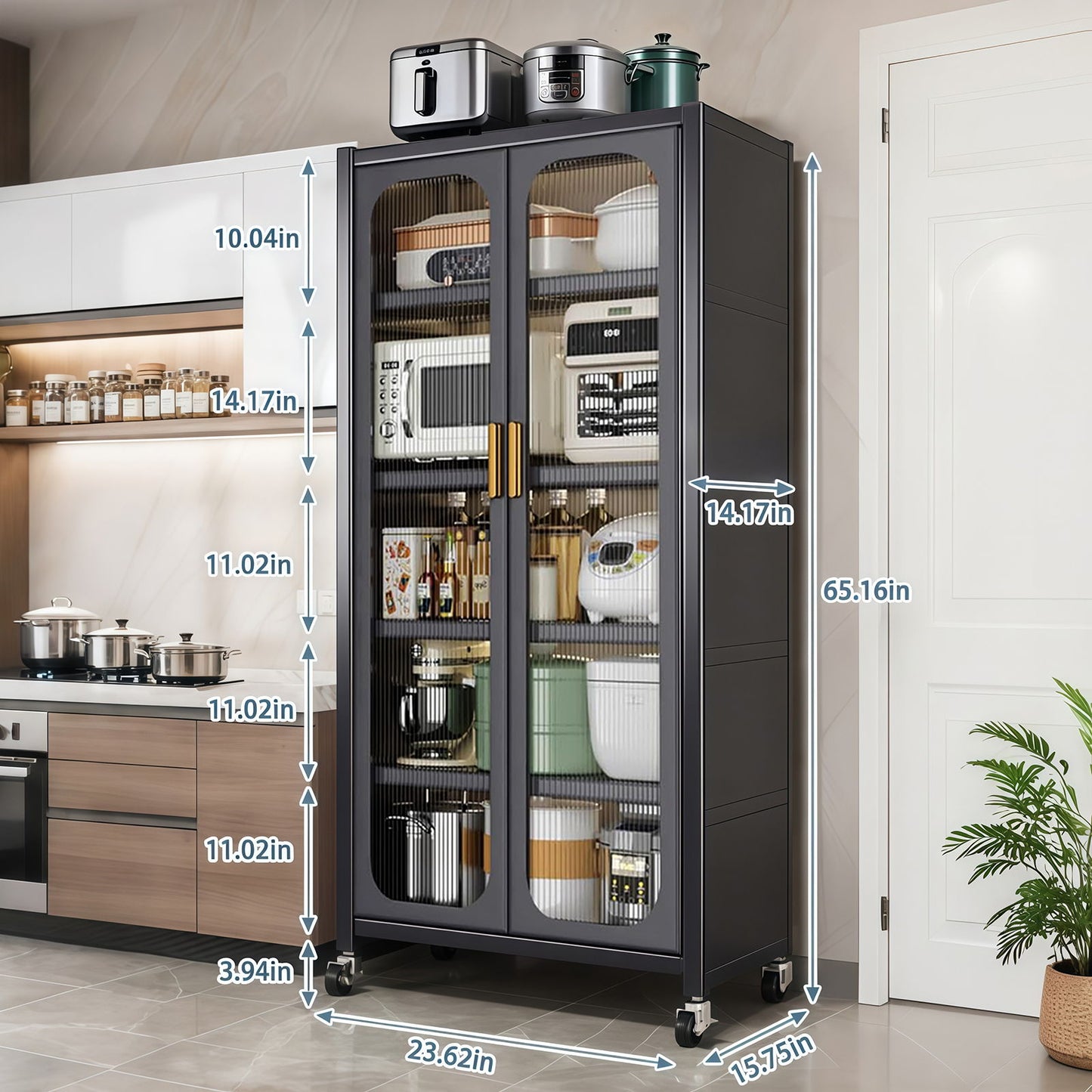 6 Tier Storage Cabinet With Transparent Door, Adjustable Shelves & Wheels Home Essentials