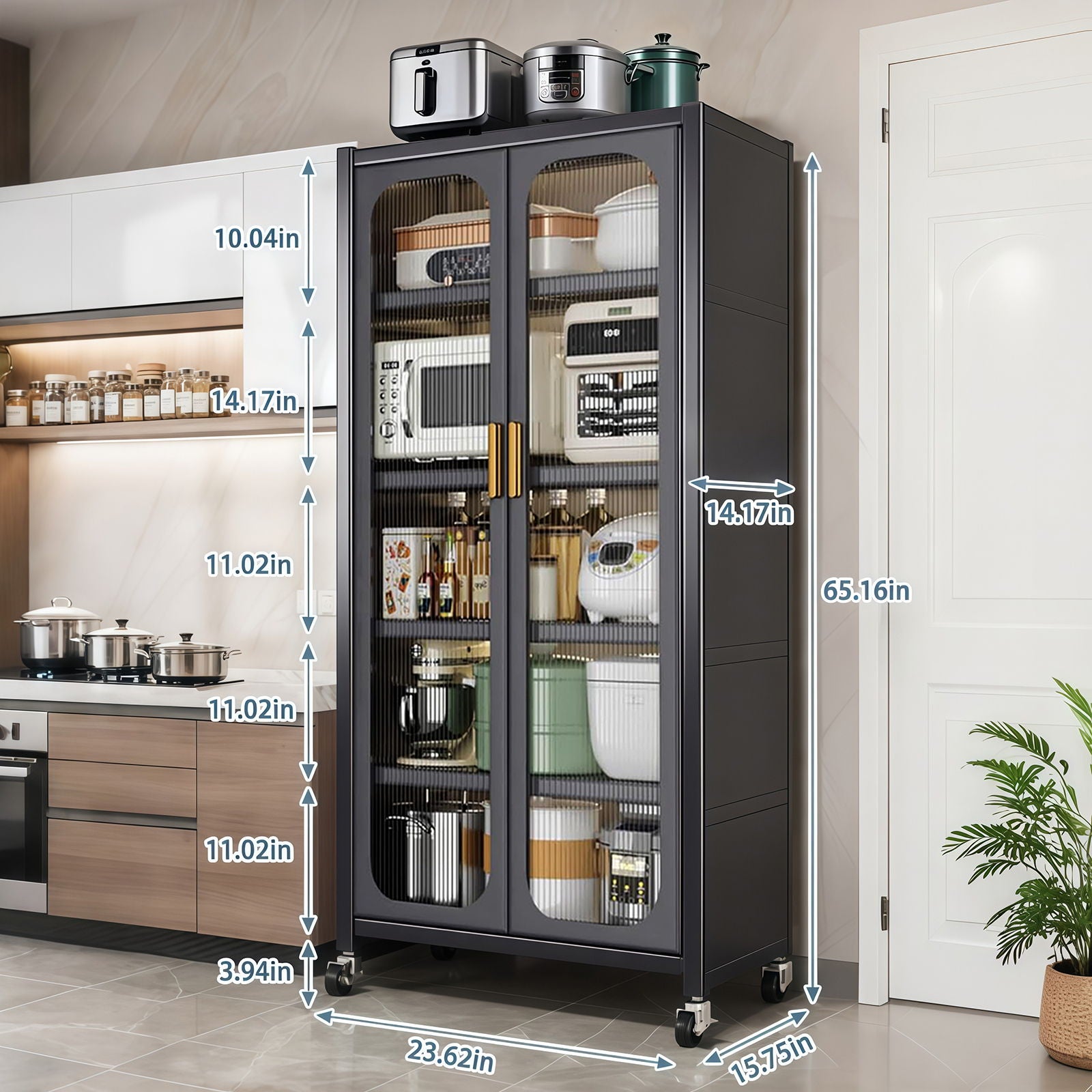 6 Tier Storage Cabinet With Transparent Door, Adjustable Shelves & Wheels Home Essentials
