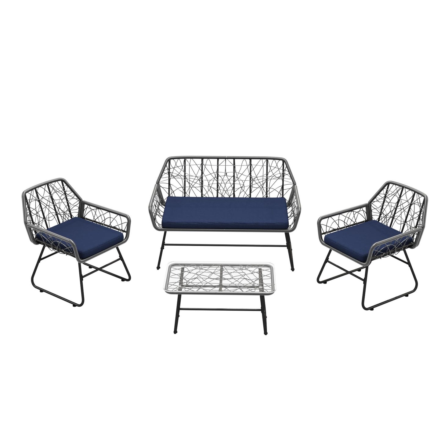 4 Piece Wicker Patio Furniture Set With Tempered Glass Table And Detachable Cushions Home Essentials