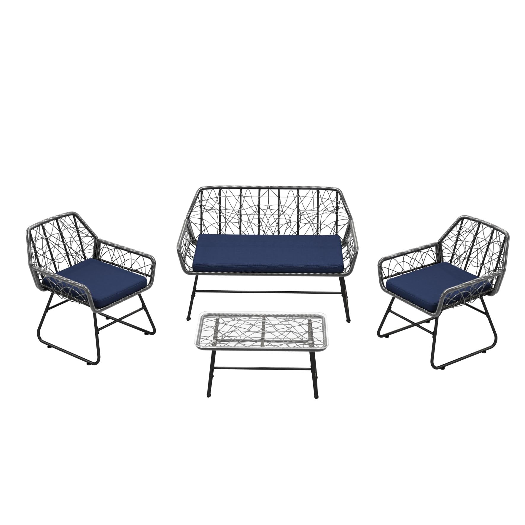 4 Piece Wicker Patio Furniture Set With Tempered Glass Table And Detachable Cushions Home Essentials