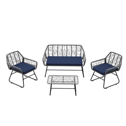 4 Piece Wicker Patio Furniture Set With Tempered Glass Table And Detachable Cushions Home Essentials