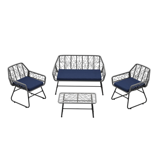 4 Piece Wicker Patio Furniture Set With Tempered Glass Table And Detachable Cushions Home Essentials