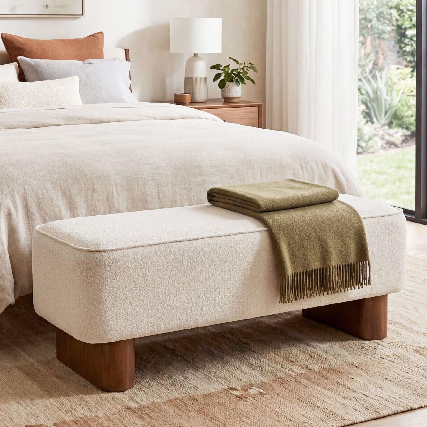 Upholstered Ottoman Bench With Thick Padded Design - Beige Noble House