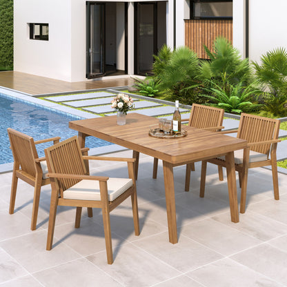 5 Piece Patio Furniture Set Acacia Wood Table And 4 Heavy Duty Cushioned Chairs Noble House