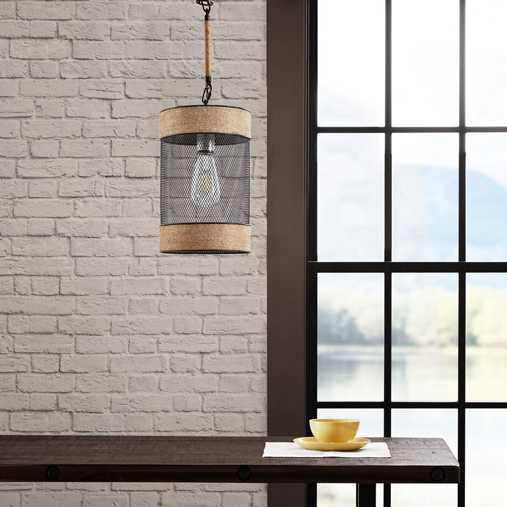 Orion - Natural Rope and Metal Mesh Cylinder Pendant - Natural/Black